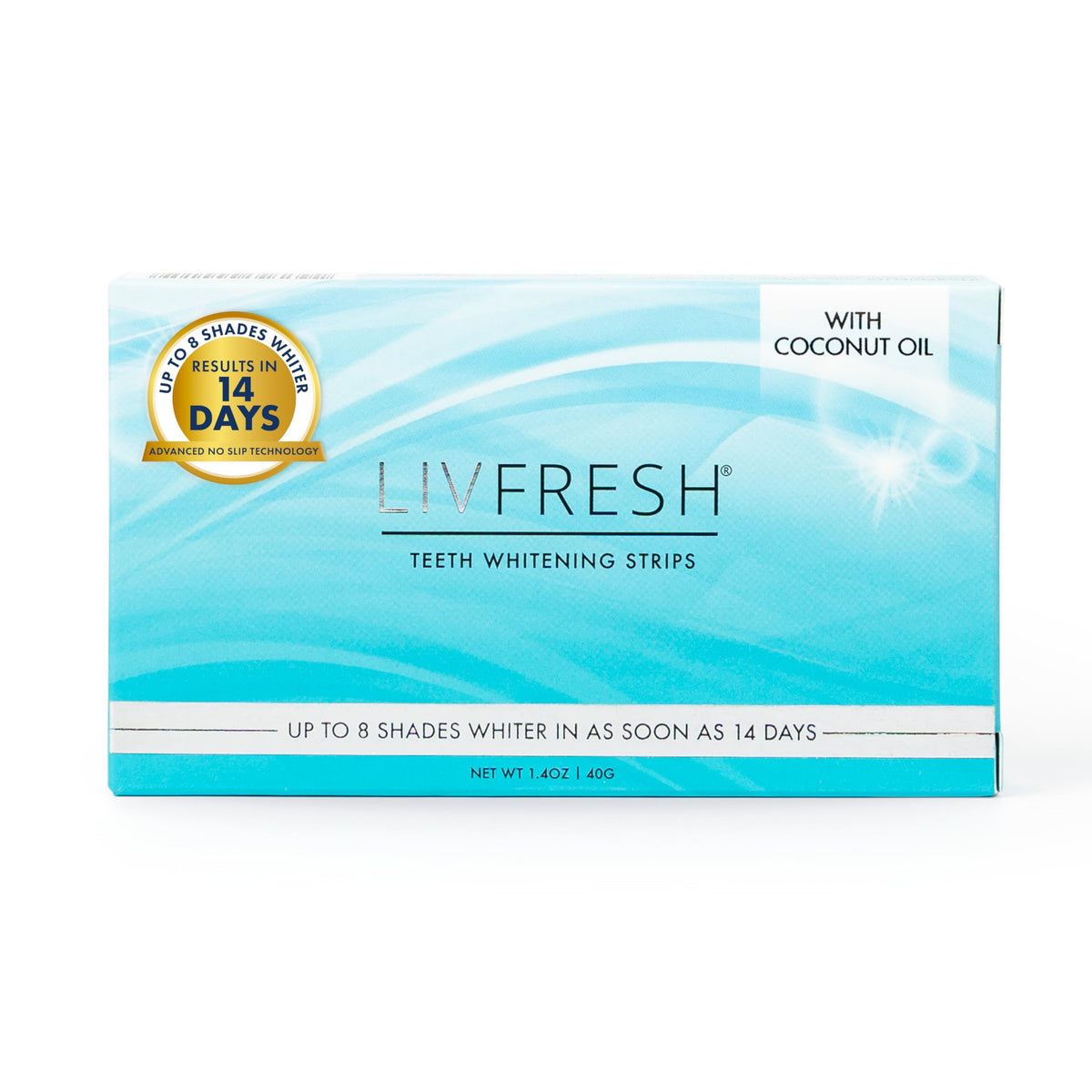 LIVFRESH Teeth Whitening Strips box front for at-home whitening.