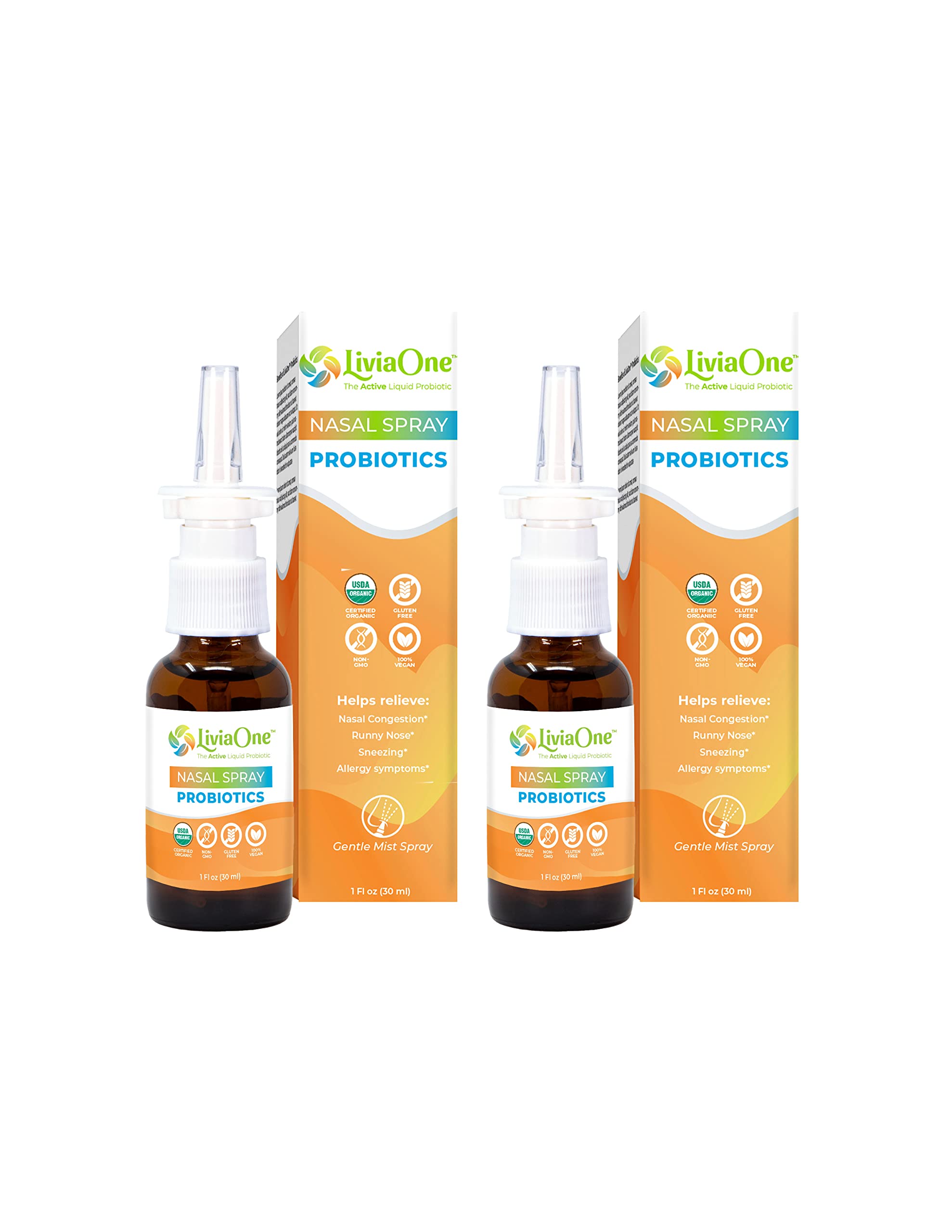 LiviaOne nasal spray bottle demonstrating probiotic nasal biome support.