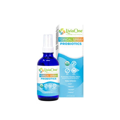 LiviaOne topical probiotics bottle front, vegan and organic skincare option for balanced skin.