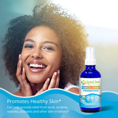 LiviaOne topical probiotics spray application shows easy daily use on the skin.