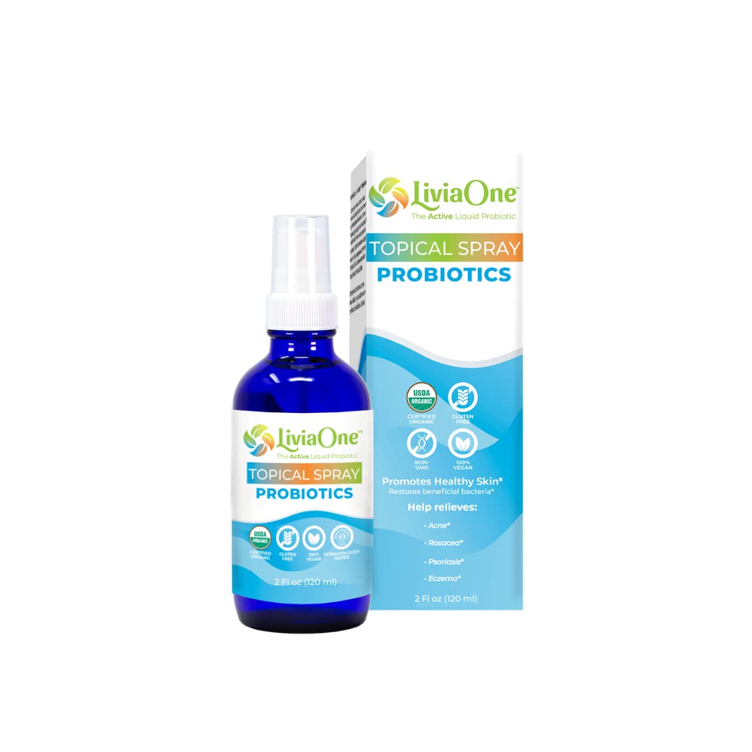 LiviaOne topical spray bottle ready for easy probiotic application on skin.