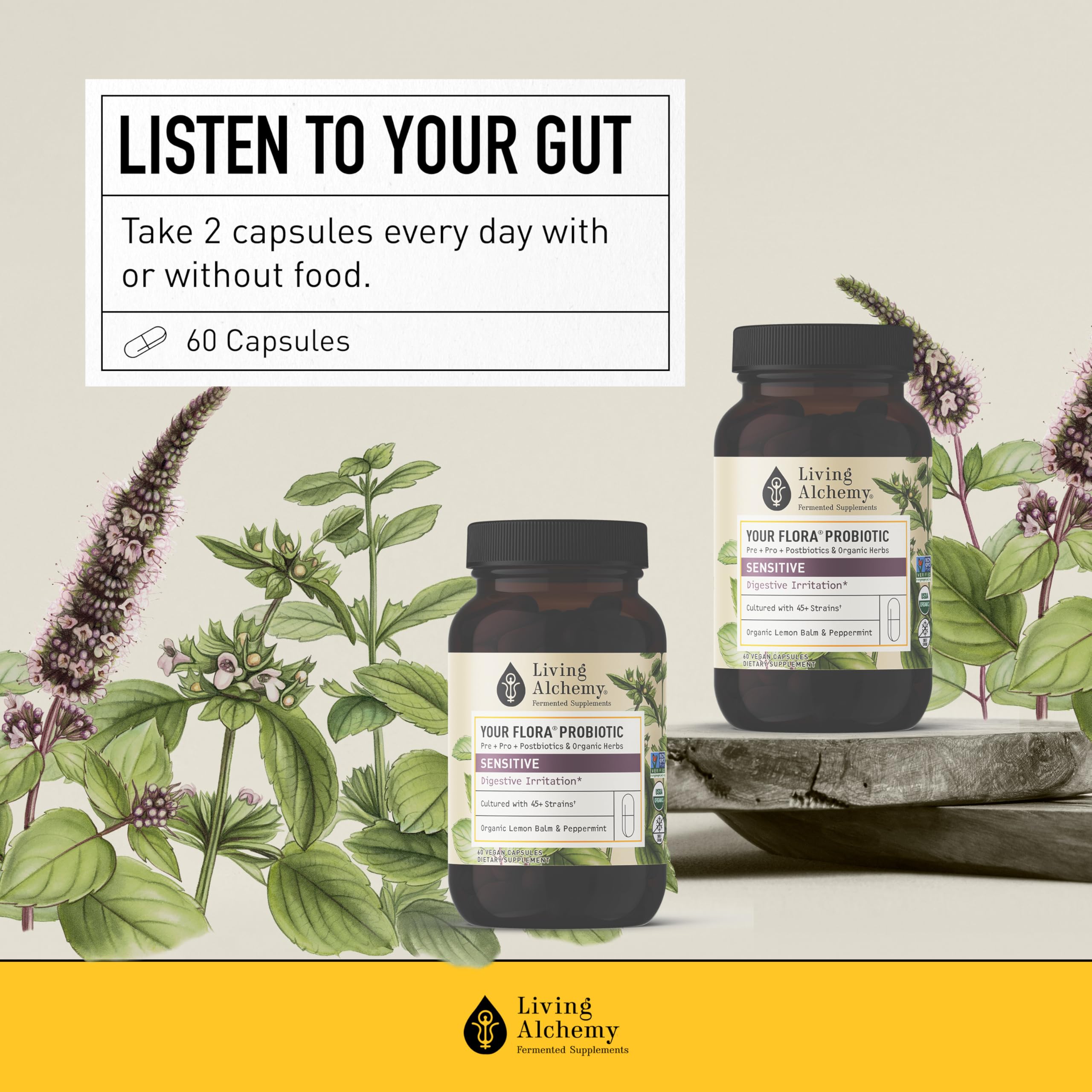 Living Alchemy 60 capsules packaging emphasizes vegan and non-GMO promise.
