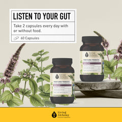 Living Alchemy 60 capsules packaging emphasizes vegan and non-GMO promise.