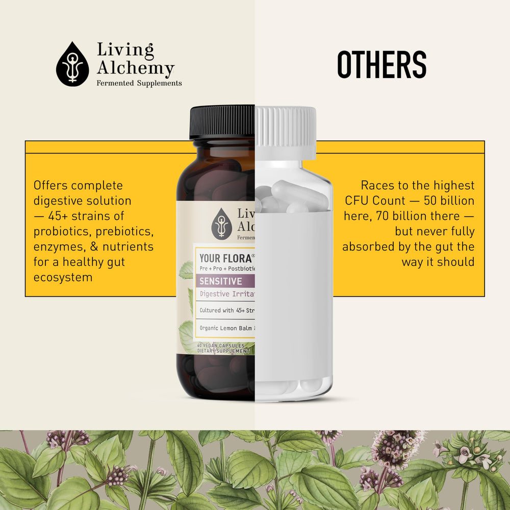 Living Alchemy digestive comfort graphic demonstrates easy daily probiotic routine.