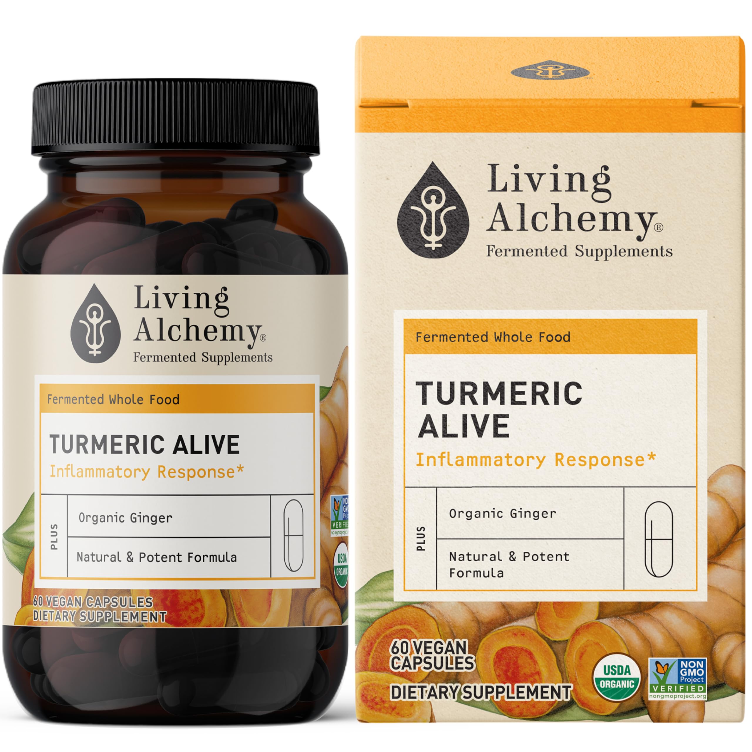 Living Alchemy fermented turmeric capsules bottle with vibrant golden hue for daily mobility support.
