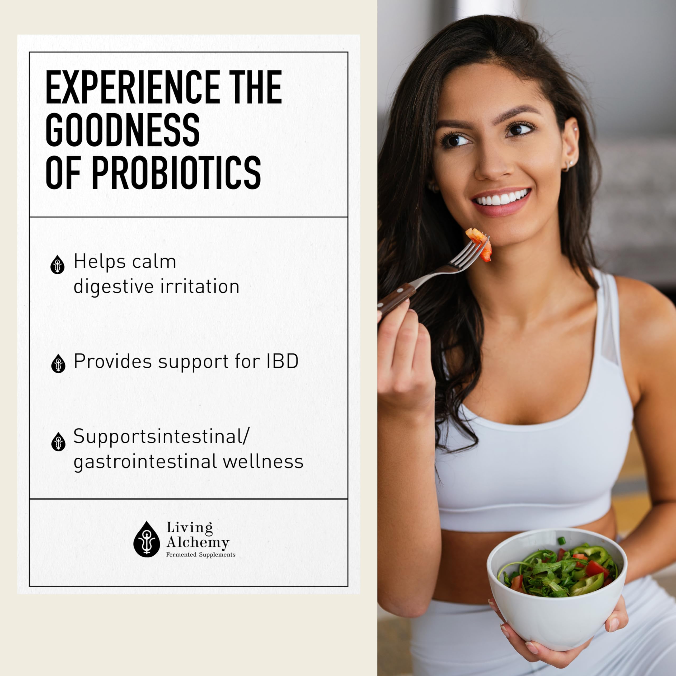 Living Alchemy prebiotic and postbiotic blend packaging highlights gut-supportive formulation.