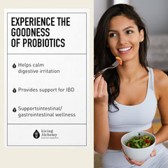 Living Alchemy prebiotic and postbiotic blend packaging highlights gut-supportive formulation.