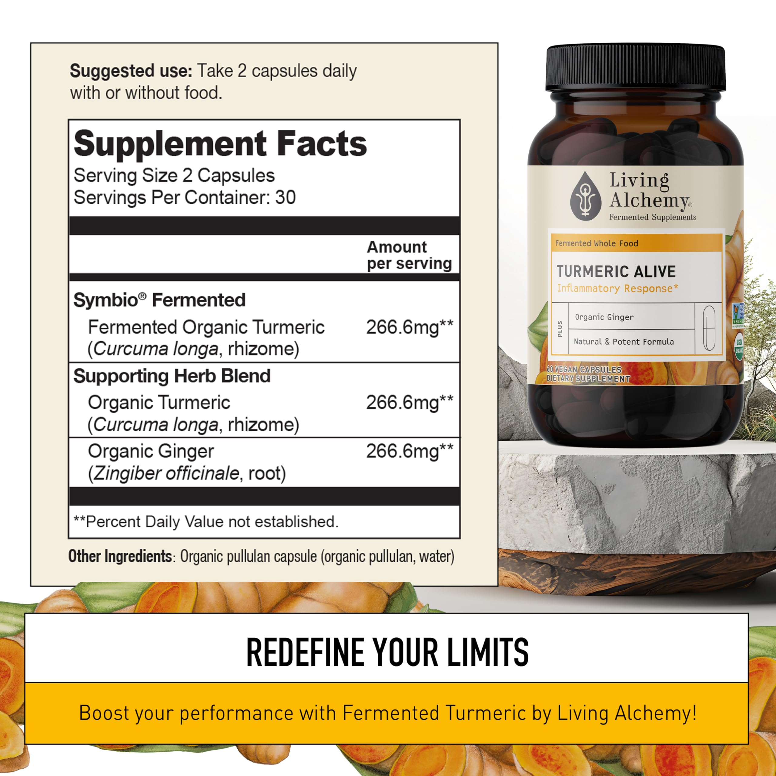 Living Alchemy turmeric-ginger capsules bottle highlighting gut-friendly, antioxidant-rich blend.