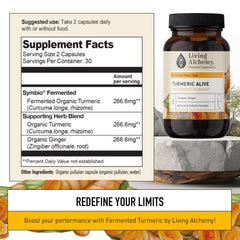 Living Alchemy turmeric-ginger capsules bottle highlighting gut-friendly, antioxidant-rich blend.