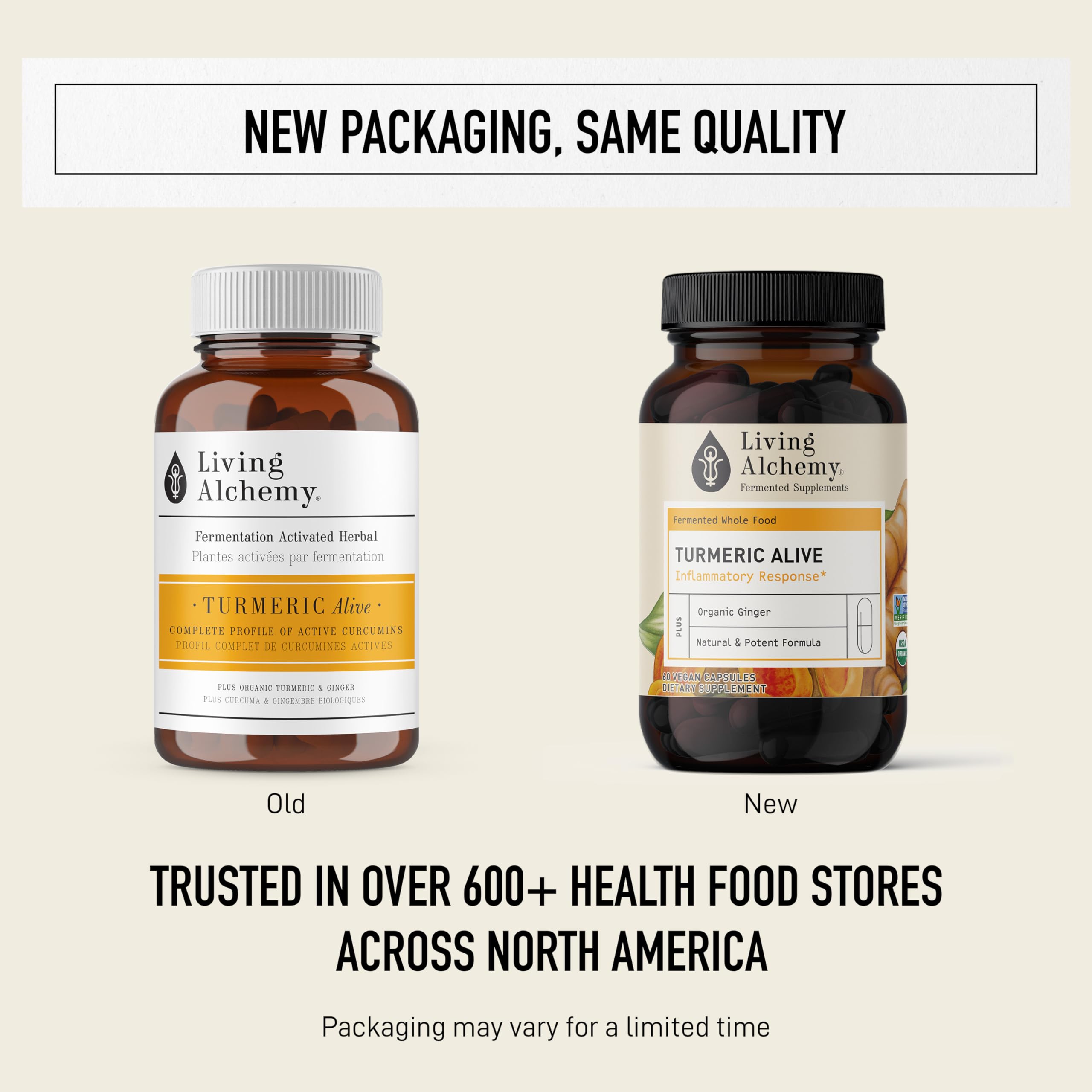 Living Alchemy turmeric-ginger capsules closeup shows golden capsules for daily vitality.