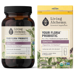 Living Alchemy Your Flora Probiotic Sensitive bottle promotes gentle gut support for sensitive digestion.