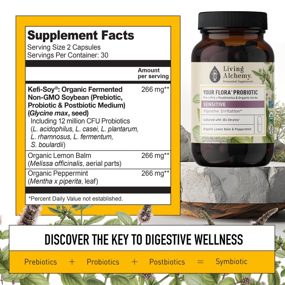 Living Alchemy Your Flora Probiotic Sensitive capsules shown for daily digestive comfort.