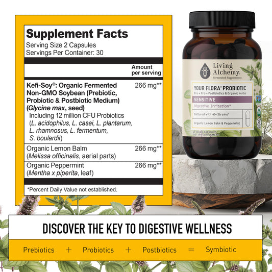 Living Alchemy Your Flora Probiotic Sensitive capsules shown for daily digestive comfort.