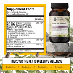 Living Alchemy Your Flora Probiotic Sensitive capsules shown for daily digestive comfort.