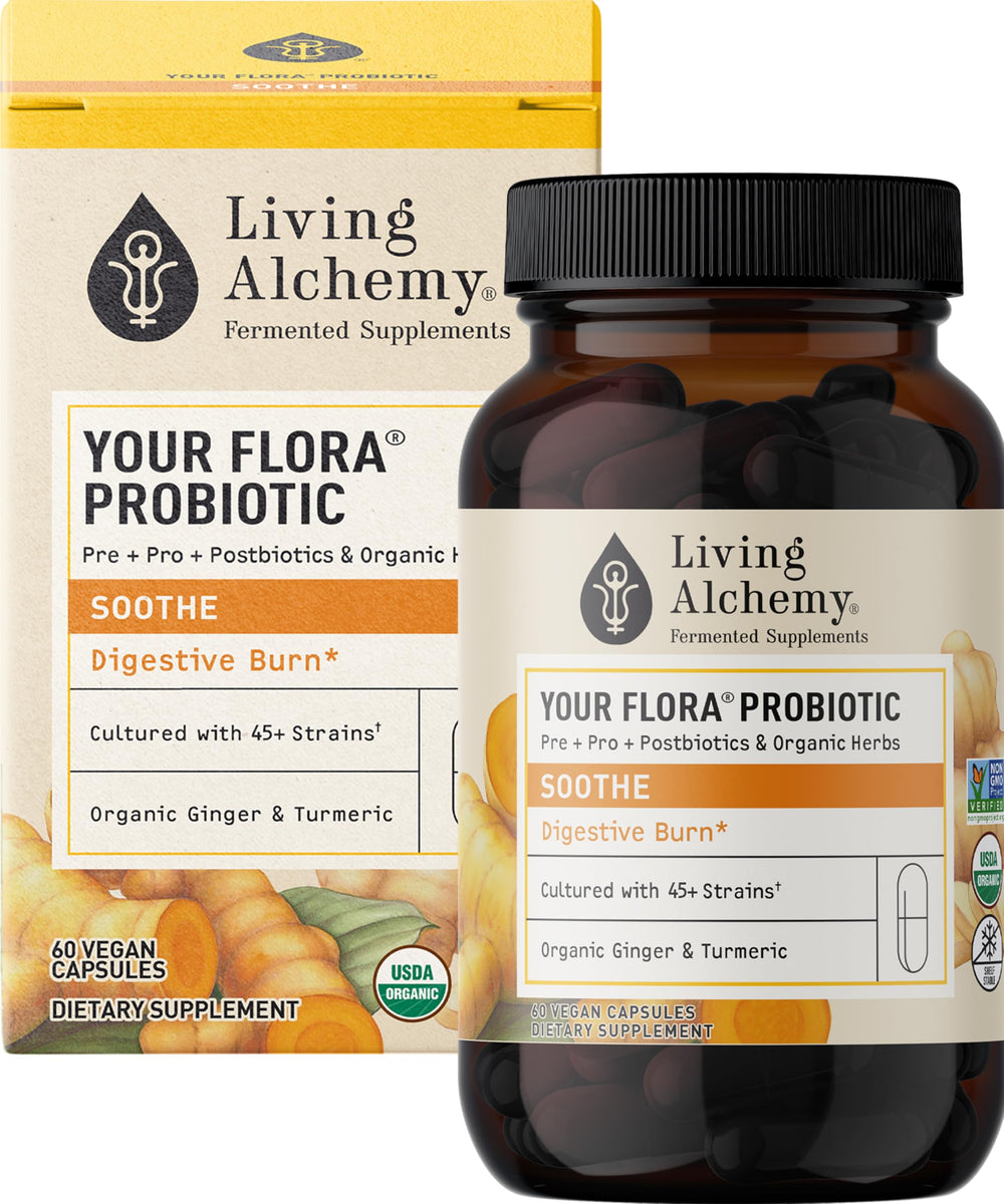 Living Alchemy Your Flora Probiotic Soothe bottle on a kitchen counter supports gentle digestion.