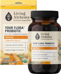 Living Alchemy Your Flora Probiotic Soothe bottle on a kitchen counter supports gentle digestion.