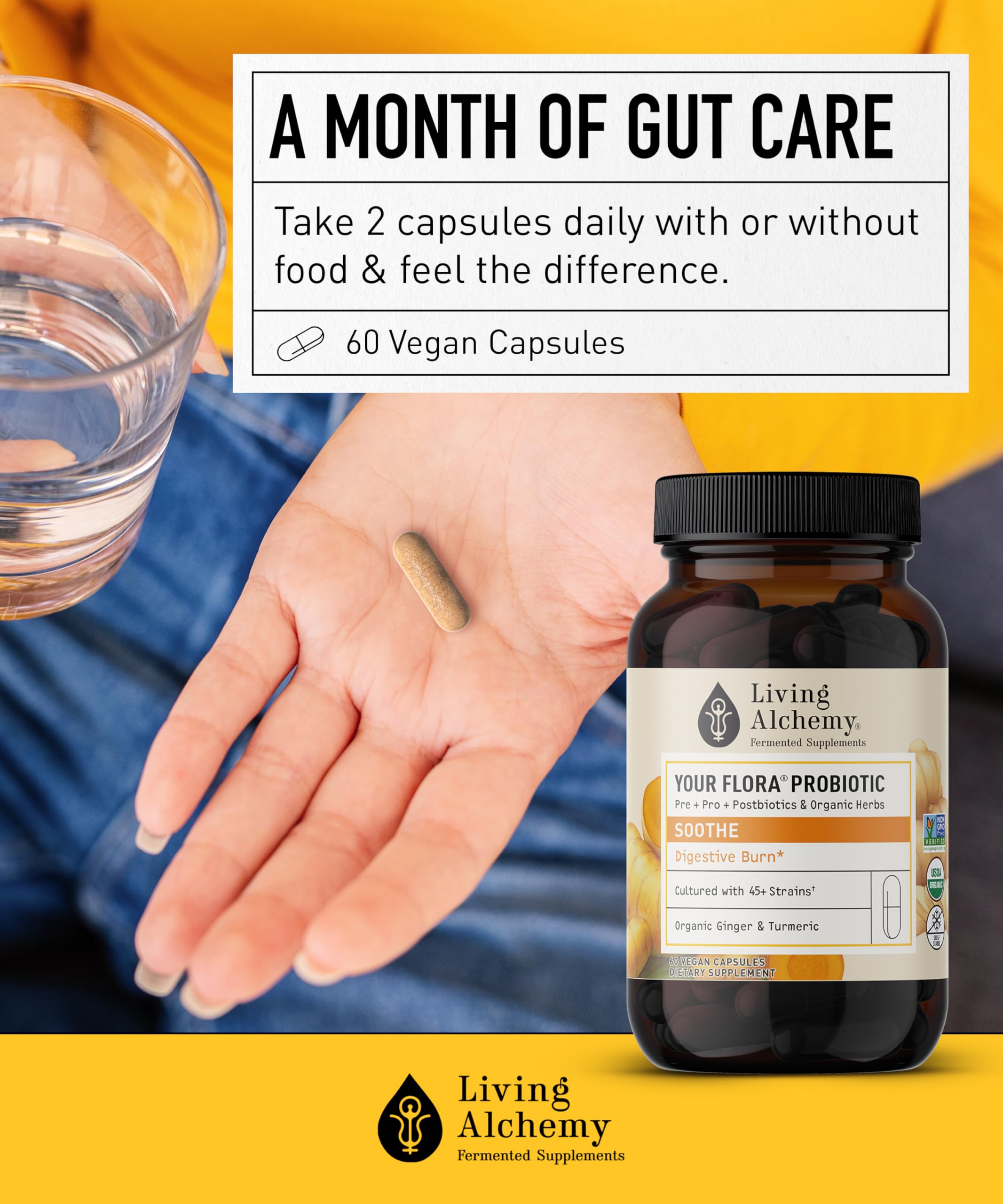 Living Alchemy Your Flora Probiotic Soothe ingredients include fermented soybean and postbiotics for absorption.