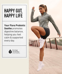 Living Alchemy Your Flora Probiotic Soothe bottle with meals suggests gut-friendly mealtime support.