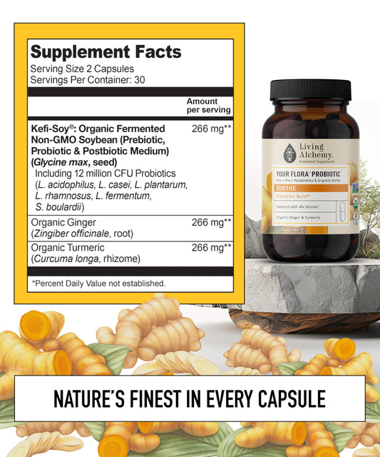 Living Alchemy Your Flora Probiotic Soothe packaging highlights fermentation and probiotic benefits.