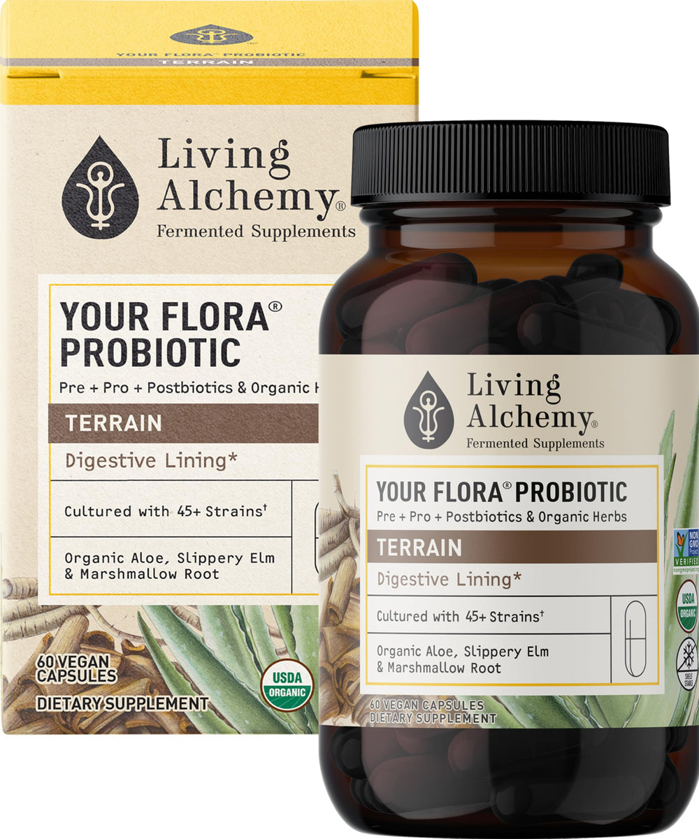 Living Alchemy Your Flora Terrain bottle shows capsules for daily gut balance.