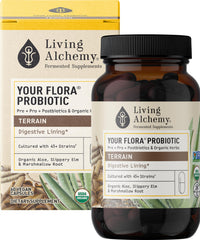Living Alchemy Your Flora Terrain bottle shows capsules for daily gut balance.