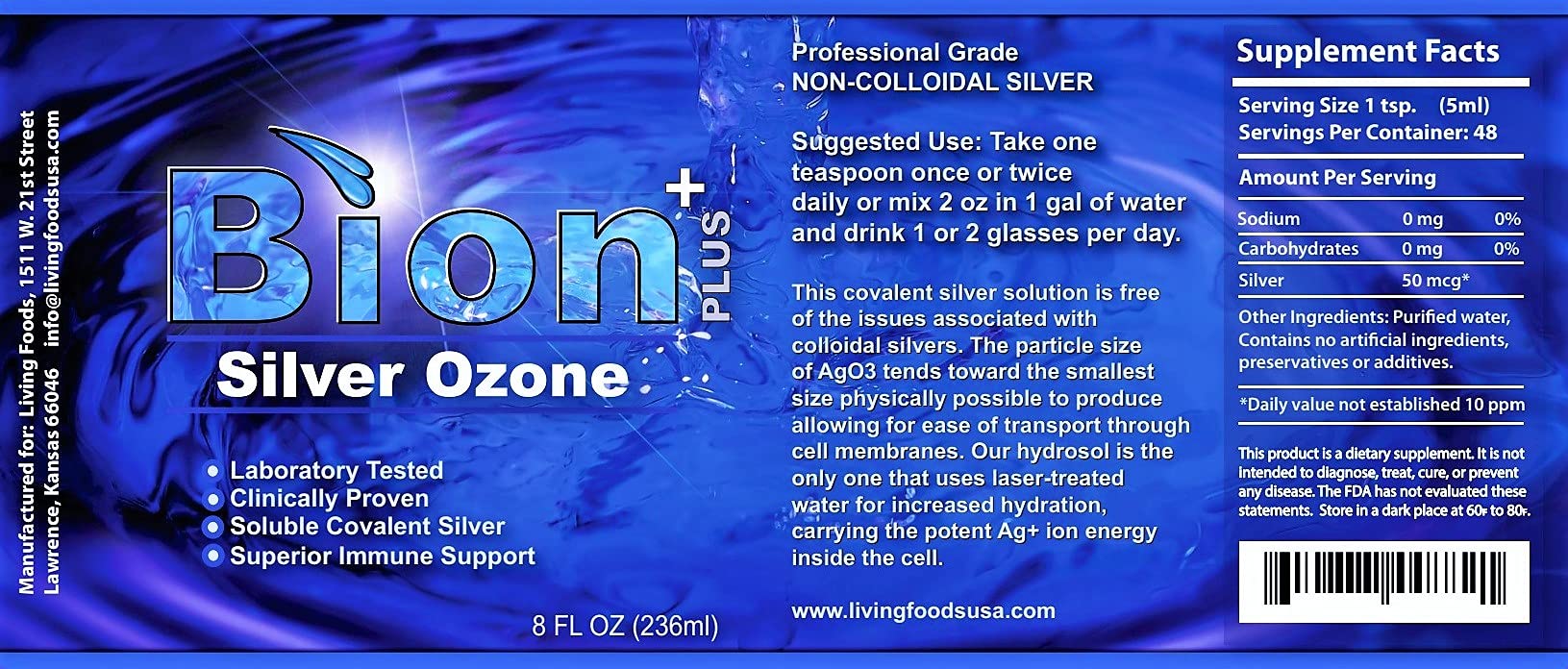 Living Foods USA Bion SS ozone feature graphic on packaging.