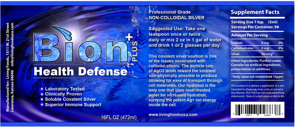 Living Foods USA Bion SS Health Defense bottle being poured into a glass for easy daily use