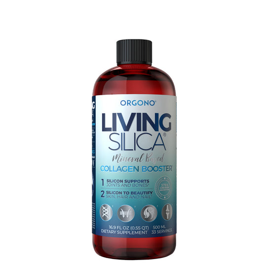 Living Silica bottle front showing a vegan mineral-based silica supplement for skin, hair, nails, and joints.