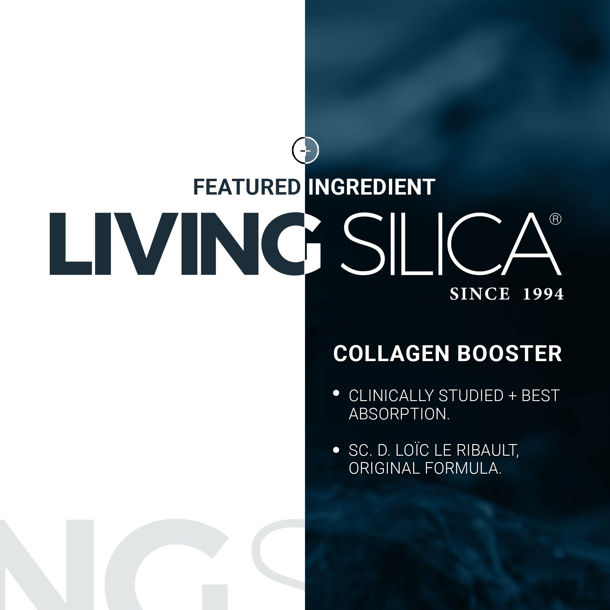 Living Silica bottle with icons for skin, hair, nails and joints.