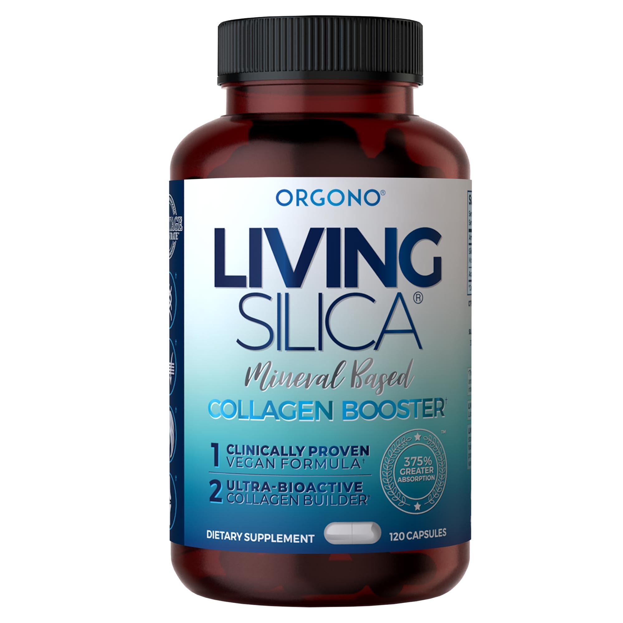 Living Silica ORGONO capsules in a bottle highlighting silica-based collagen support.