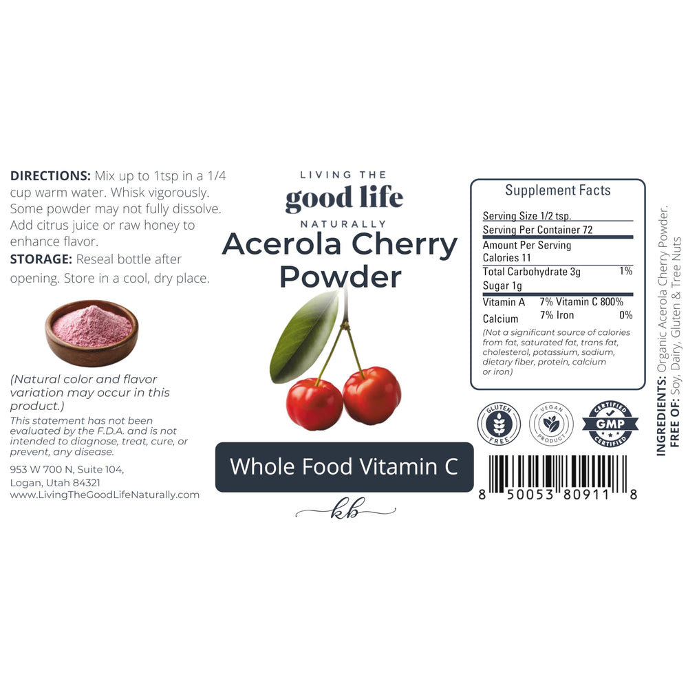 Living the Good Life Naturally Acerola Cherry Powder scoop highlighting collagen and energy benefits.