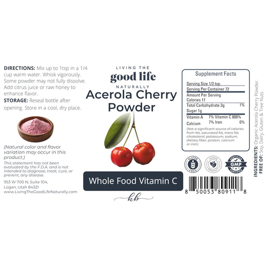 Living the Good Life Naturally Acerola Cherry Powder scoop highlighting collagen and energy benefits.