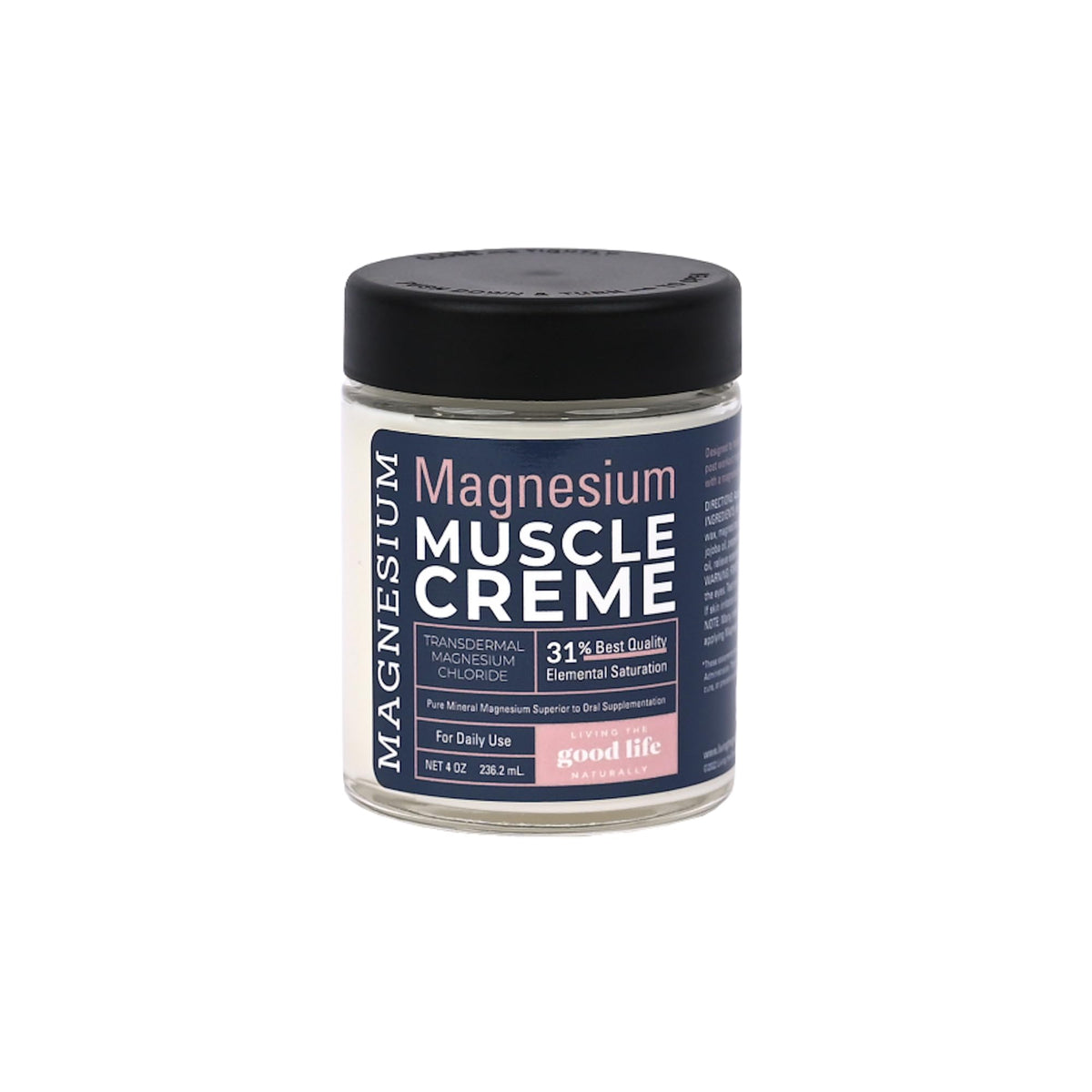Living the Good Life Naturally magnesium muscle cream bottle pour for easy application and cooling sensation