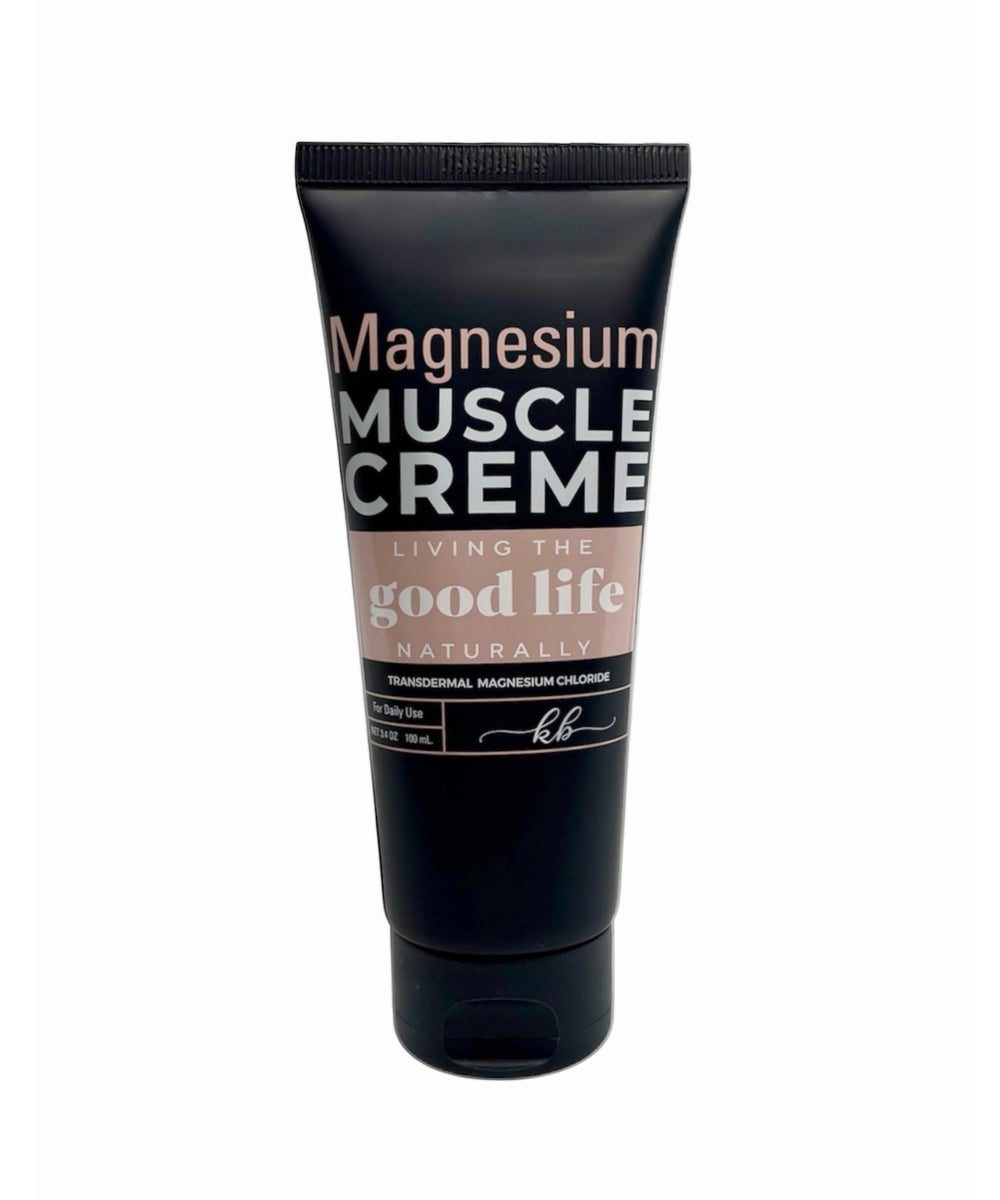 Living the Good Life Naturally magnesium muscle cream bottle pour for targeted relief.