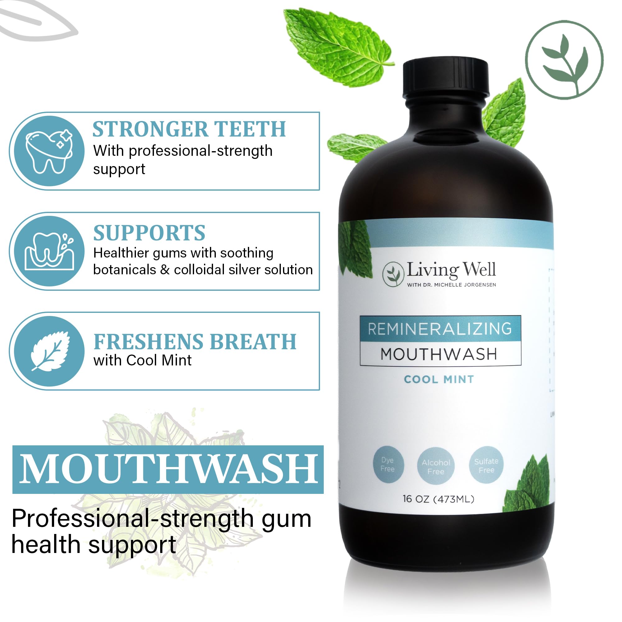 Pouring shot of Living Well mouthwash into a glass for fresh breath