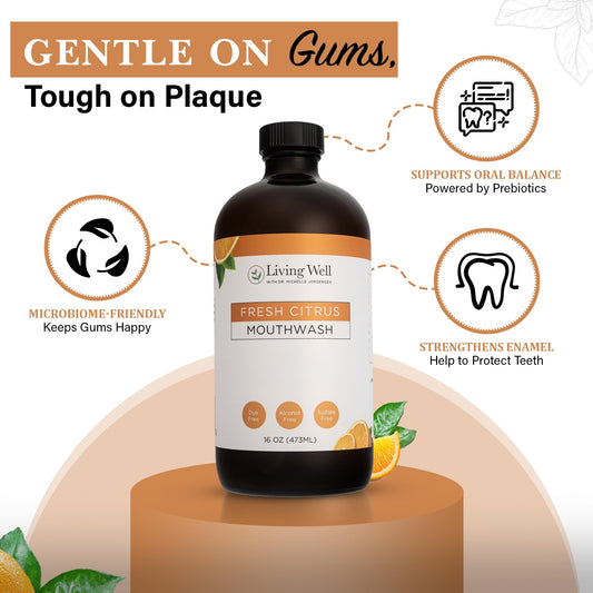 Fresh Citrus mouthwash being poured, highlighting enamel-friendly formula.