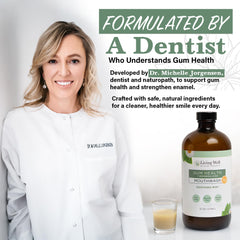 Living Well with Dr. Michelle label emphasizes alcohol-free formula for sensitive mouths.
