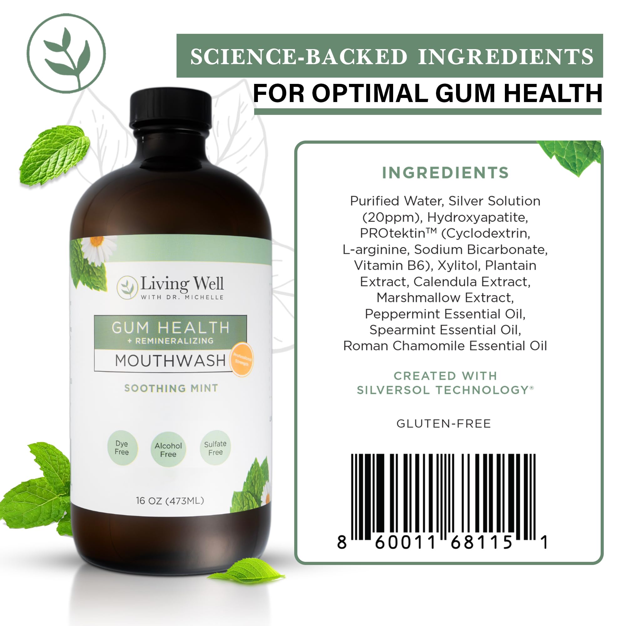 Living Well with Dr. Michelle bottle featuring colloidal silver for gum support.