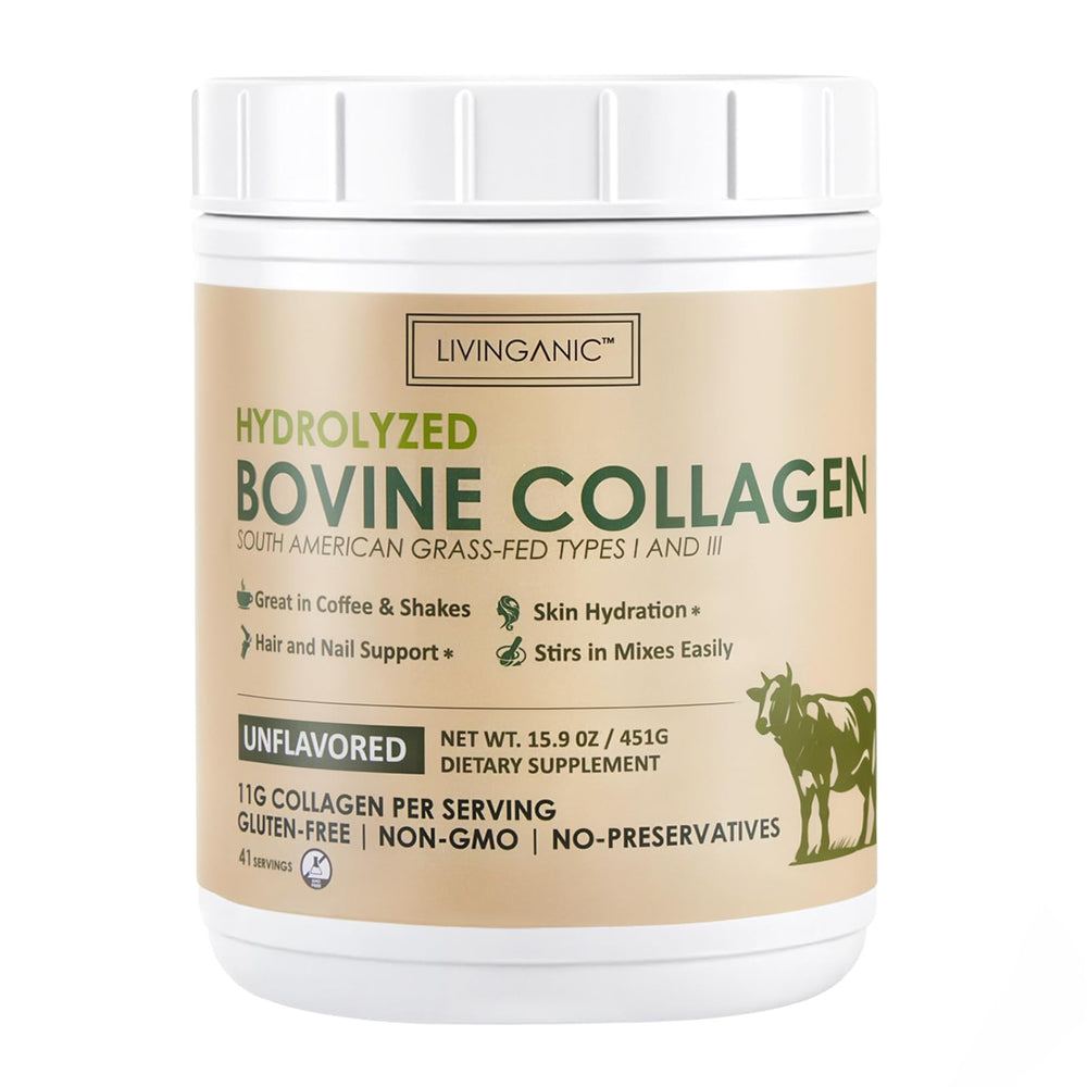 LIVINGANIC collagen peptides powder bottle showing unflavored formula and daily vitality