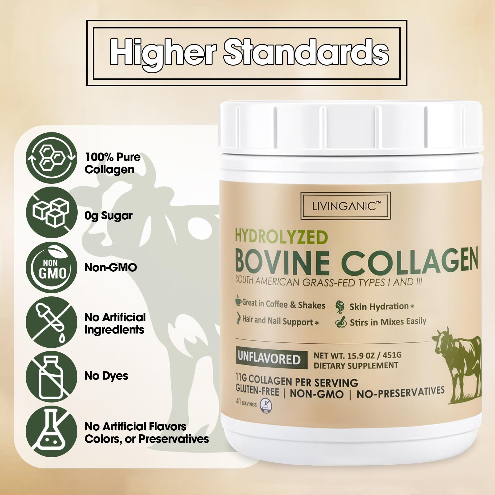 LIVINGANIC collagen peptides powder scoop for easy daily dosing