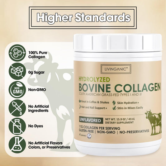 LIVINGANIC collagen peptides powder scoop for easy daily dosing