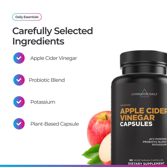 Livingood Daily ACV capsules with probiotics for gut balance and digestion.