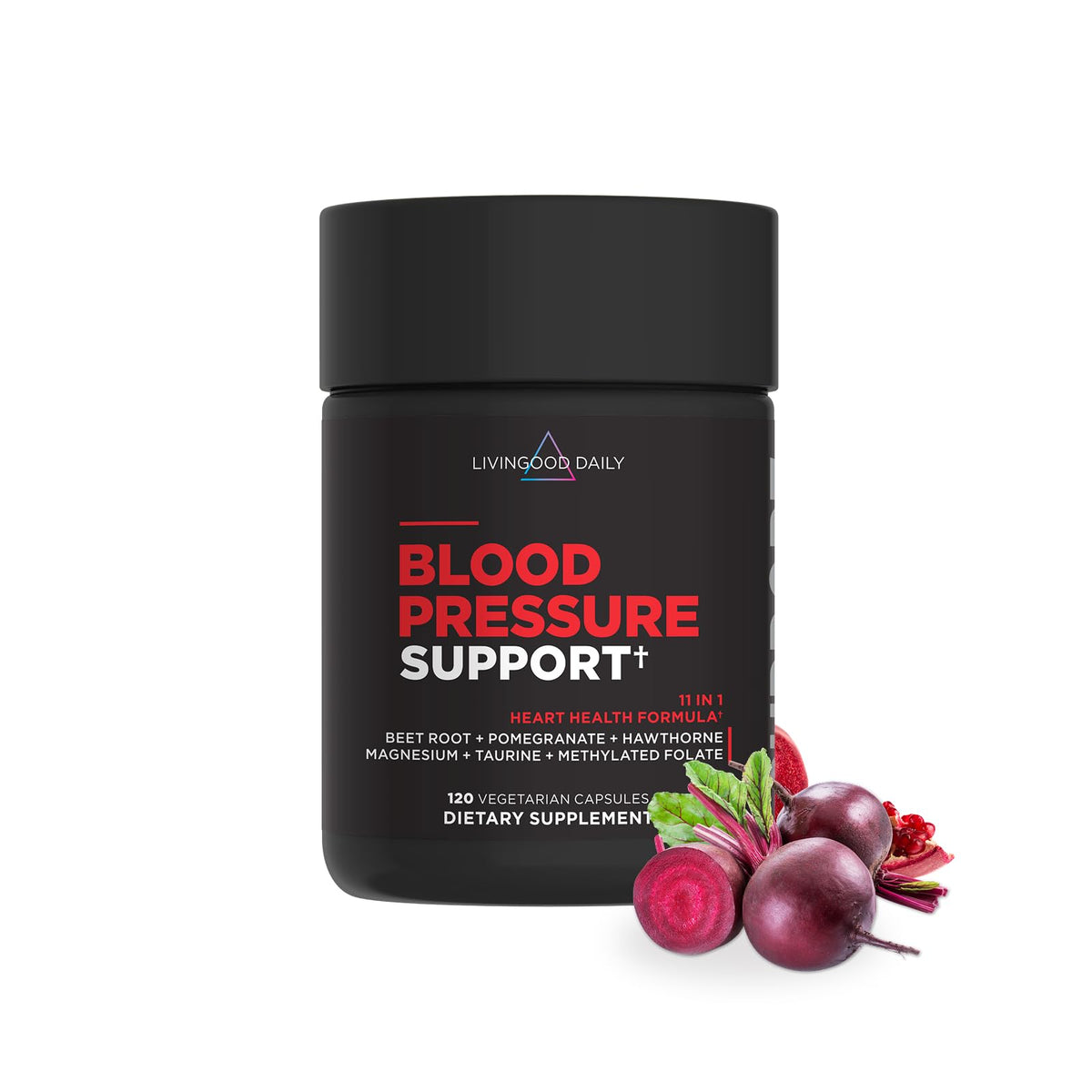 Livingood Daily Blood Pressure Support bottle for daily cardiovascular wellness.