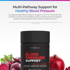 Livingood Daily Blood Pressure Support ingredients panel highlighting beet root and magnesium.