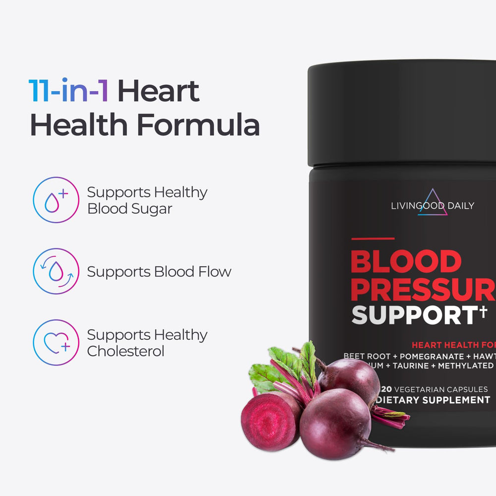 Livingood Daily Blood Pressure Support vegan capsules shown in plant-based formula.