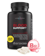 Livingood Daily Blood Support bottle front shows vegan iron formula for daily energy
