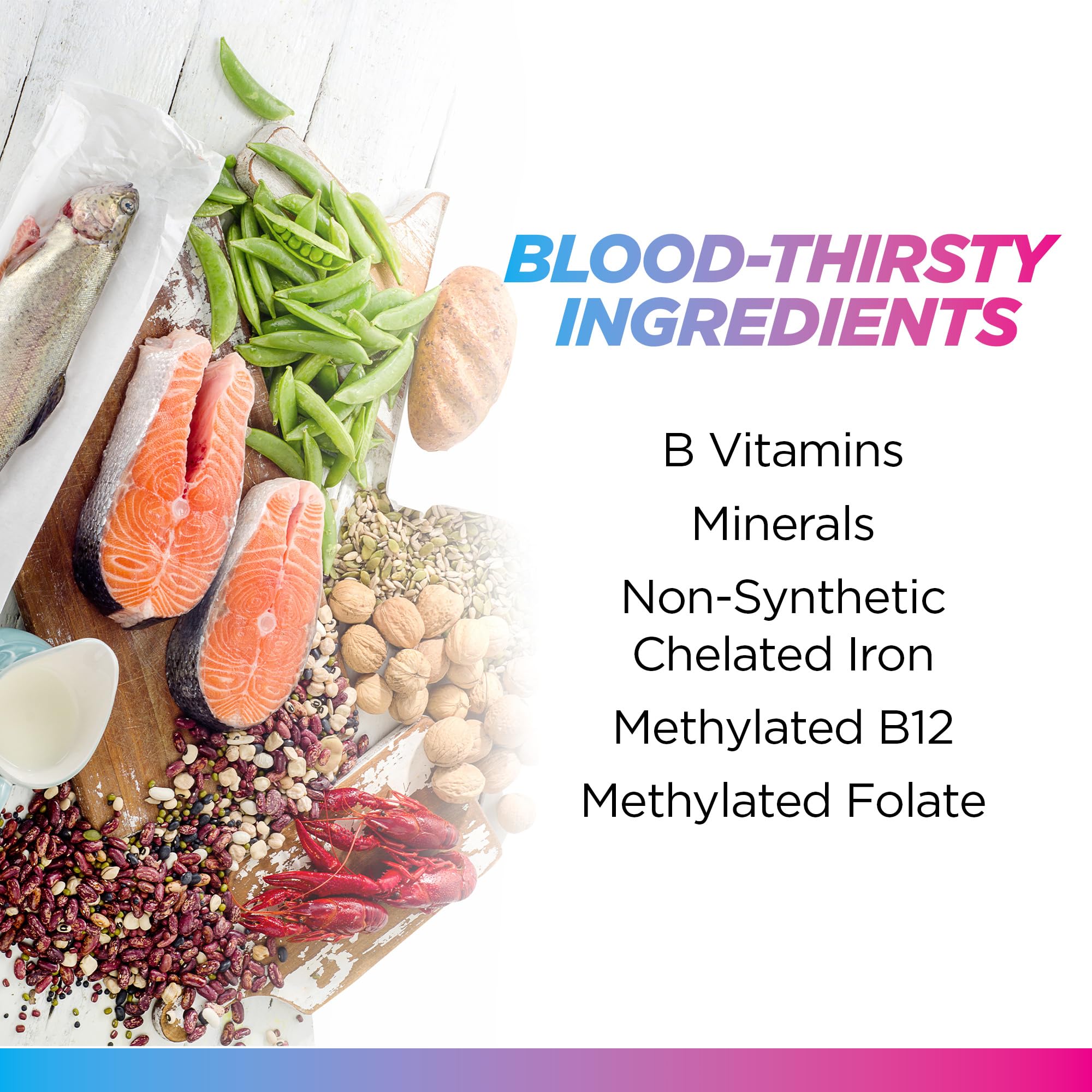 Livingood Daily Blood Support capsules closeup emphasizing chelated iron and methylated B vitamins