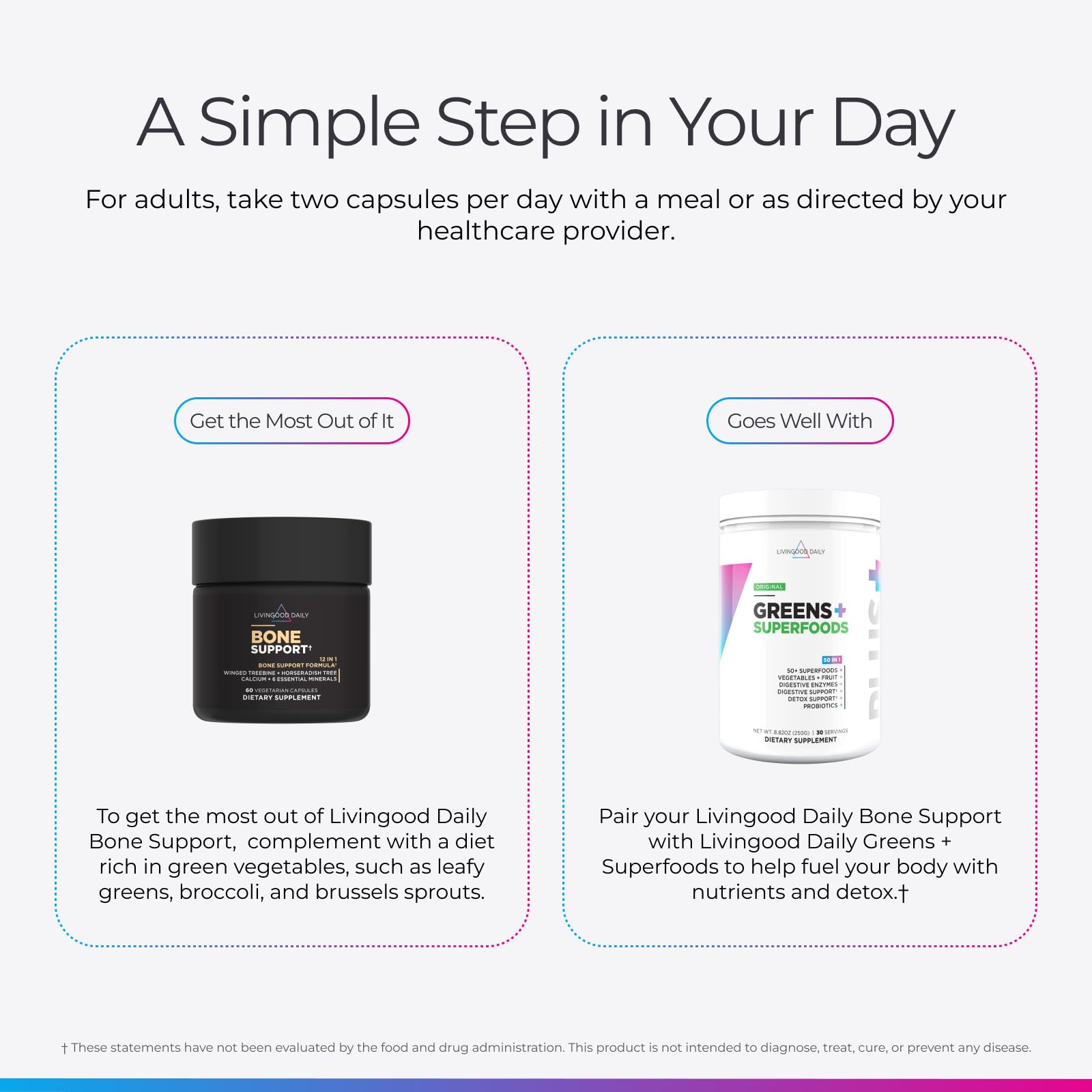 Livingood Daily bottle with spoon showing easy twice-daily dosage