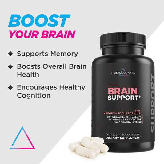 Livingood Daily brain capsules close-up show caffeine-free pills for steady clarity.