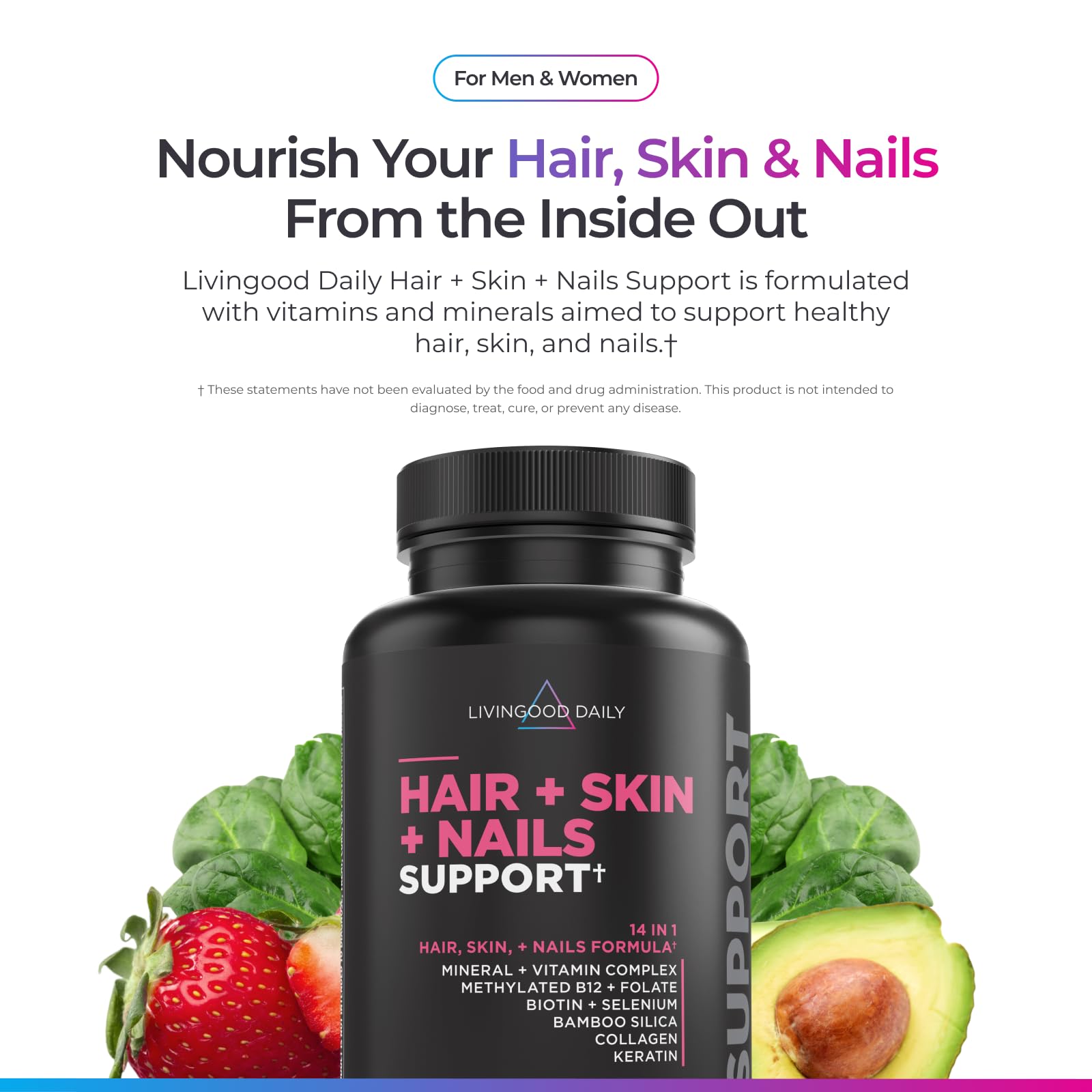 Livingood Daily capsules closeup highlighting biotin and collagen for hair and nails.